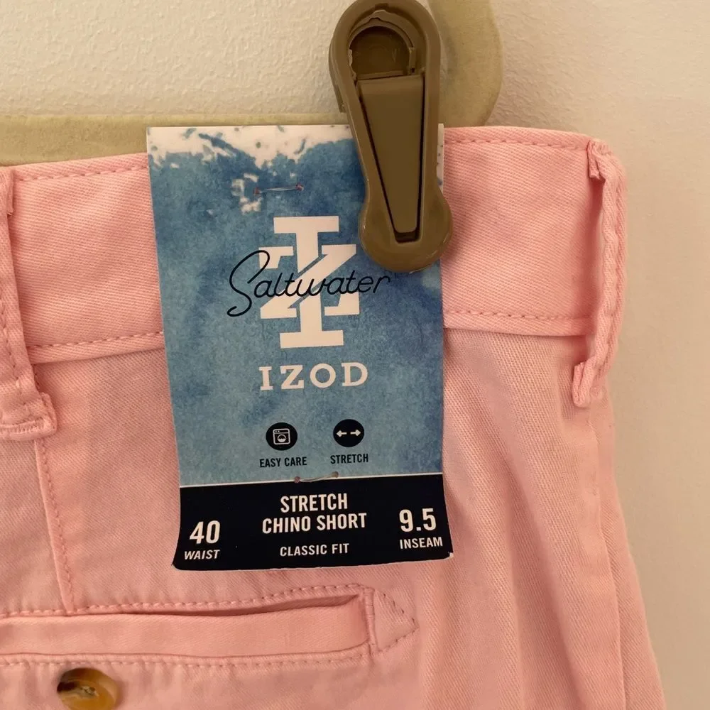 NWT Mens IZod pink shorts FLAT FRONT SALTWATER stretch chino shorts 40waist